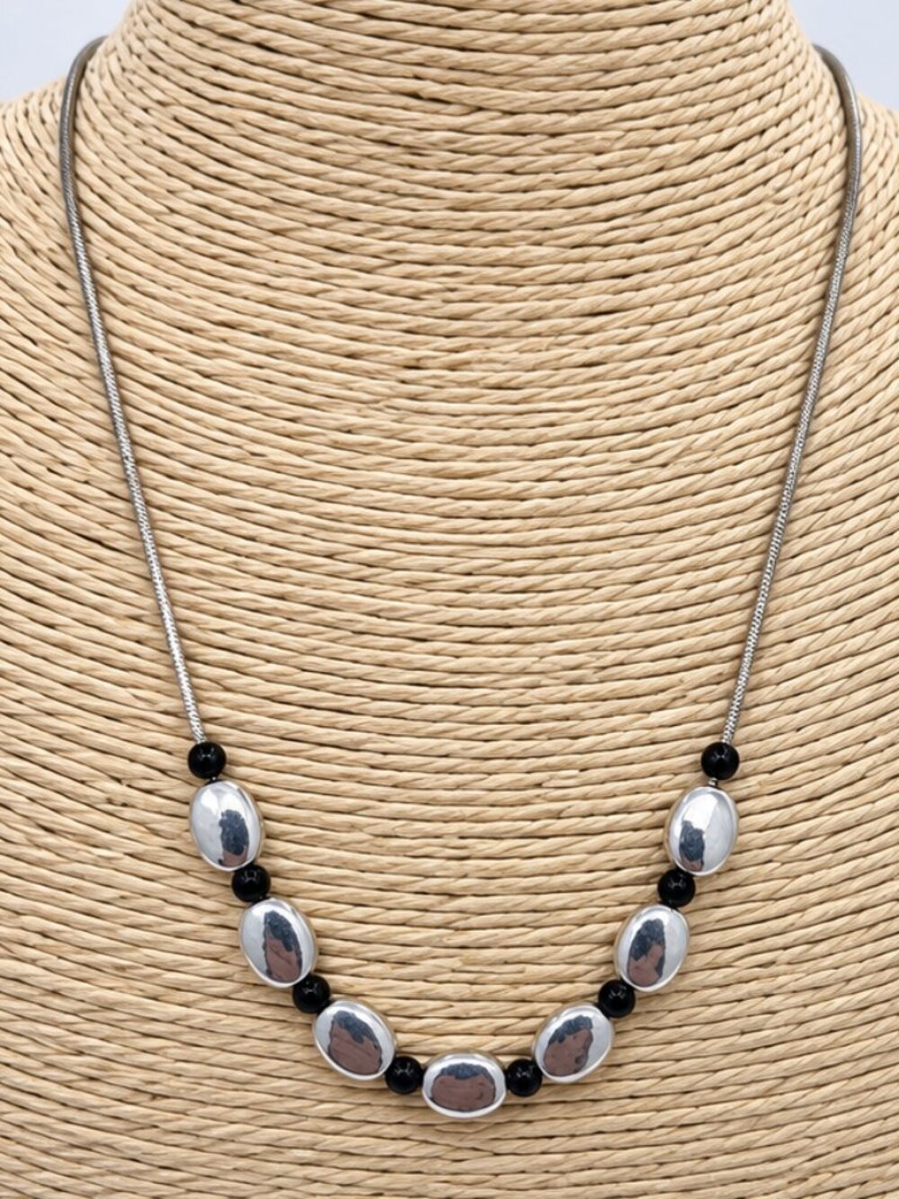 Silver Tone Oval Bead & Black Accent Necklace Modern Statement Jewelry